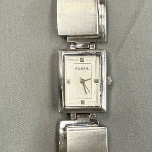 Fossil ladies retro rectangular silver tone bracelet watch NEW BATTERY